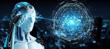 Dijital üçgen küre hologram 3d render patlayan kullanarak arka plan bulanık beyaz robot