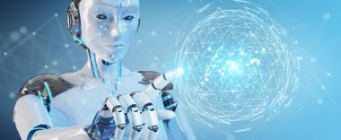 Dijital üçgen patlayan küre hologram 3B oluşturmayı kullanarak arka plan bulanık beyaz robot kadına