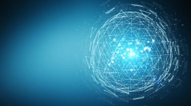 Dijital üçgen patlayan küre mavi arka plan 3d render üzerine hologram