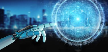 Beyaz robot el dijital küre bağlantısı hologram 3B oluşturmayı kullanarak arka plan bulanık üzerinde