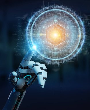 Beyaz robot el dijital küre bağlantısı hologram 3B oluşturmayı kullanarak arka plan bulanık üzerinde