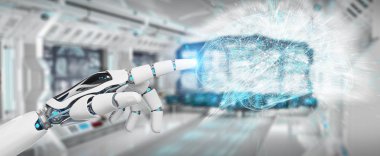 Beyaz insansı el bulanık arka plan yapay zeka 3d render oluşturma