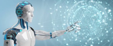 Dijital ekran arabirimi 3d rendering kullanarak arka plan bulanık beyaz erkek robot