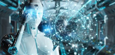 Dijital ekran arabirimi 3d rendering kullanarak arka plan bulanık beyaz kadın robot