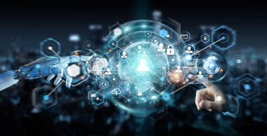 Beyaz robot el dijital ekran arabirimi 3d rendering kullanarak arka plan bulanık üzerinde