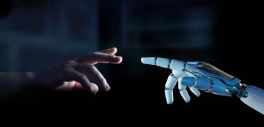 White cyborg finger about to touch human finger on dark background 3D rendering