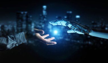 Karanlık şehir arka plan 3d render üzerinde insan eli dokunmak cyborg el Beyaz