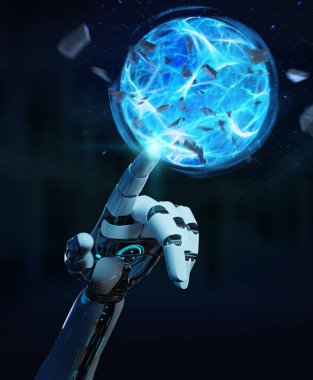 Beyaz robot el bulanık arka plan enerji topu 3d render oluşturma