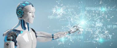 Beyaz adam insanımsı bulanık arka plan dijital dünya hud arabirimi 3d rendering kullanarak üzerinde