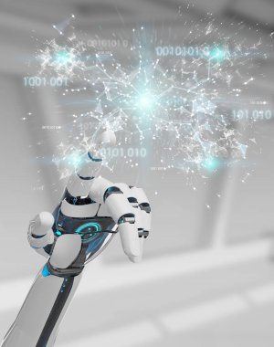 Beyaz insansı el bulanık arka plan dijital dünya hud arabirimi 3d işleme kullanarak