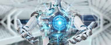 Beyaz adam dron güvenlik kamera 3B oluşturmayı kullanarak arka plan bulanık üzerinde insansı