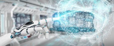 Beyaz insansı el dijital küresel ağ 3B oluşturmayı kullanarak arka plan bulanık üzerinde