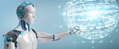 Dijital dünya hud arabirimi 3d rendering kullanarak arka plan bulanık beyaz erkek robot