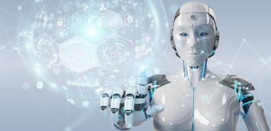 Dijital grafik arabirimi 3d rendering kullanarak bulanık arka plan üzerinde beyaz kadın cyborg