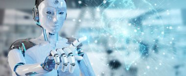 Planet Earth arabirimi 3d rendering kullanarak bulanık arka plan üzerinde beyaz kadın cyborg