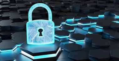 Siyah mavi soyut asma kilit simgesi altıgenler arka planda 3d render