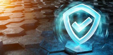 Altıgen yanarak bahislerin doğru arka plan 3d render üzerinde siyah mavi soyut kalkan kutsal kişilerin resmi