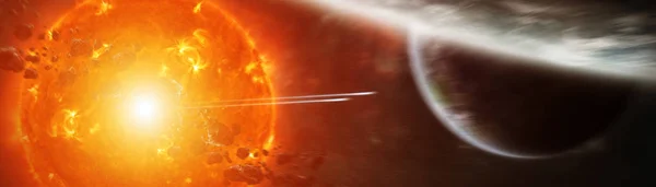 Sun exploding close to inhabited planets system 3D rendering elements of this image furnished by NASA