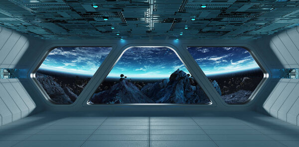 Spaceship futuristic grey blue interior with view on planet Earth 3D rendering elements of this image furnished by NASA