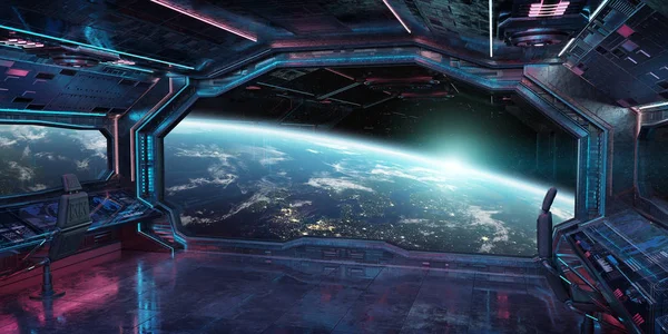 Grunge Statek Kosmiczny Niebieskie Różowe Wnętrza Widokiem Planecie Ziemi Renderowania — Zdjęcie stockowe