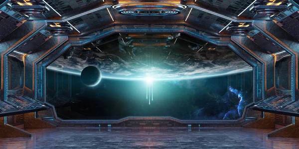 Grunge Ruimteschip Blauwe Oranje Interieur Met Uitzicht Planeet Aarde Weergave — Stockfoto