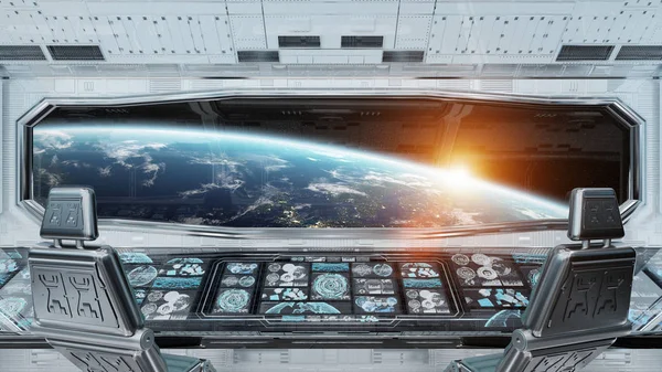 White clean spaceship interior with view on planet Earth 3D rendering elements of this image furnished by NASA