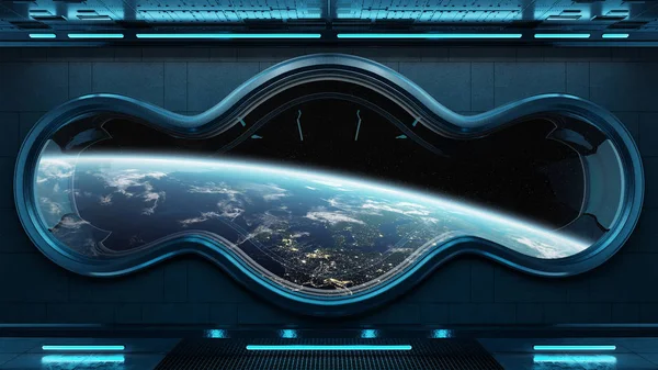 Černá Tech Lodi Kolem Okna Interiéru Výhledem Planetě Země Vykreslení — Stock fotografie