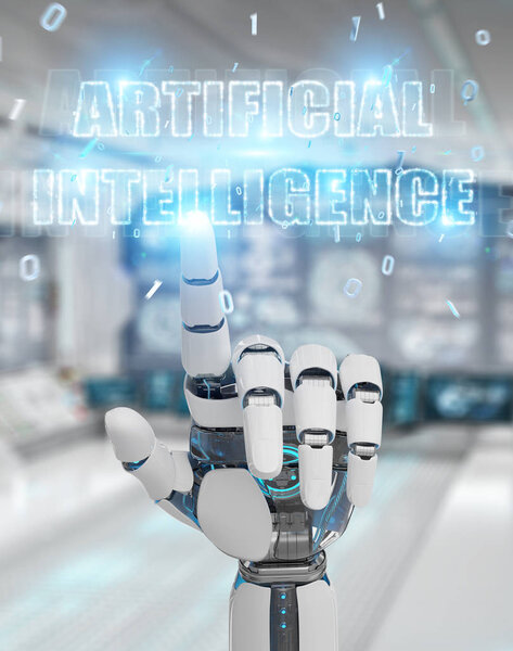 White cyborg hand on blurred background using digital artificial intelligence text hologram 3D rendering