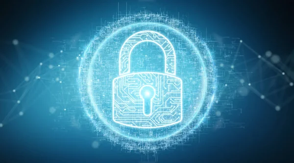Digitales Sicherheitshologramm Mit Vorhängeschloss Auf Blauem Hintergrund Rendering — Stockfoto