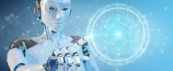 Femeia Cyborg Albă Fundal Încețoșat Folosind Holograma Digitală Supraveghere Ochilor — Fotografie, imagine de stoc