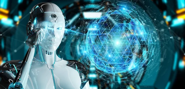 White robot woman on blurred background using digital sphere connection hologram 3D rendering