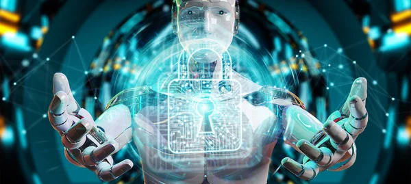 Weißer Mann Roboter Auf Verschwommenem Hintergrund Sichert Digitale Daten Rendering — Stockfoto