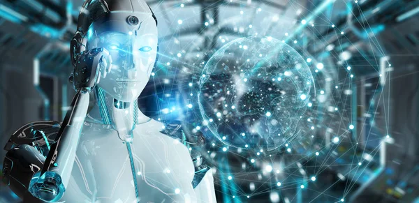 Weiße Roboterin Auf Verschwommenem Hintergrund Mit Digitaler Bildschirmoberfläche Rendering — Stockfoto