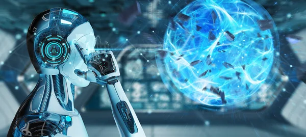 White Man Roboter Auf Verschwommenem Hintergrund Erzeugt Energie Ball Rendering — Stockfoto