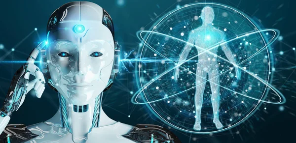 White woman robot on blurred background scanning human body 3D rendering