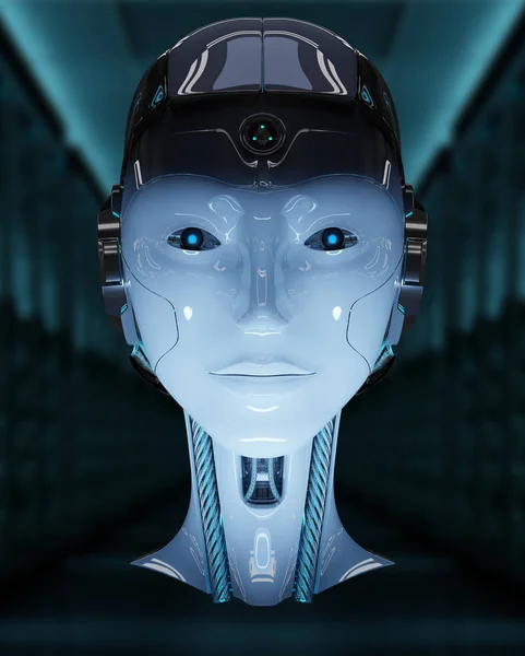 Cyborg Head Künstliche Intelligenz Isoliert Auf Blauem Hintergrund Rendering — Stockfoto