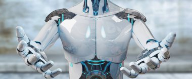 Beyaz erkek cyborg beyaz zemin üzerine 3d render izole onun iki eli açma