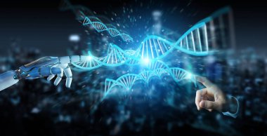 Beyaz cyborg el insan DNA'sı 3d render tarama bulanık arka plan üzerinde