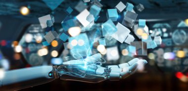 Beyaz cyborg el bulanık arka plan mavi dijital küp yapısını 3d işleme kullanarak