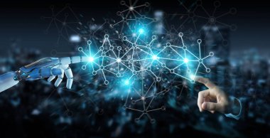 Beyaz cyborg el dijital ağ bağlantısı 3B oluşturmayı kullanarak arka plan bulanık üzerinde