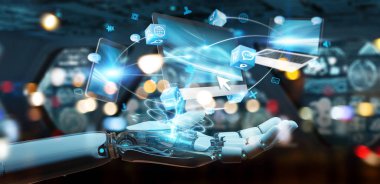 Bağlanan cihazların birlikte 3d render arka plan bulanık beyaz cyborg yandan