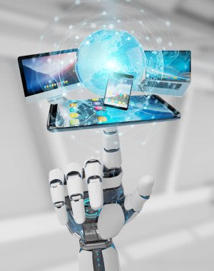 White cyborg hand on blurred background connecting devices together 3D rendering clipart