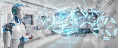 Geleceğin teknolojisi yapısı 3d render oluşturma bulanık arka plan üzerinde beyaz robot