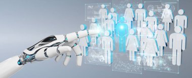 Beyaz cyborg el bulanık arka plan grup insan 3d render denetleme