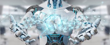 Geleceğin teknolojisi yapısı 3d render oluşturma bulanık arka plan üzerinde beyaz robot