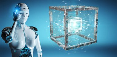 Geleceğin teknolojisi yapısı 3d render oluşturma bulanık arka plan üzerinde beyaz robot