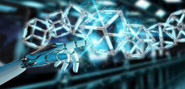 Beyaz robot el bulanık arka plan geleceğin teknolojisi yapısı 3d render oluşturma