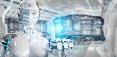 Dijital veriler arabirimi 3d rendering kullanarak bulanık arka plan üzerinde beyaz kadın cyborg