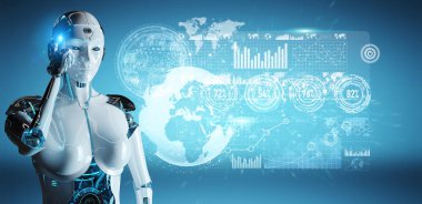 Dijital veriler arabirimi 3d rendering kullanarak bulanık arka plan üzerinde beyaz kadın cyborg