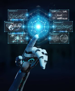 Beyaz cyborg el dijital veriler arabirimi 3d rendering kullanarak arka plan bulanık üzerinde